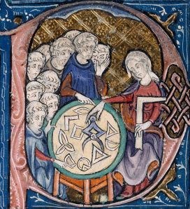 Medieval depiction of women teaching geometry