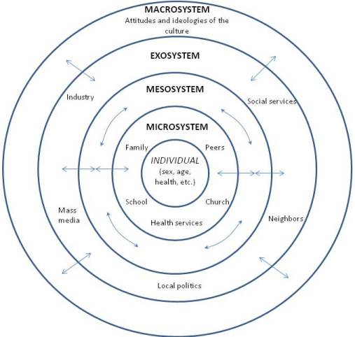 Graphic representation of Bronfenbrenner's ecological systems theory. Five nested circles: Individual, microsystem, mesosystem, exosystem, and macrosystem and the elements that are part of each system