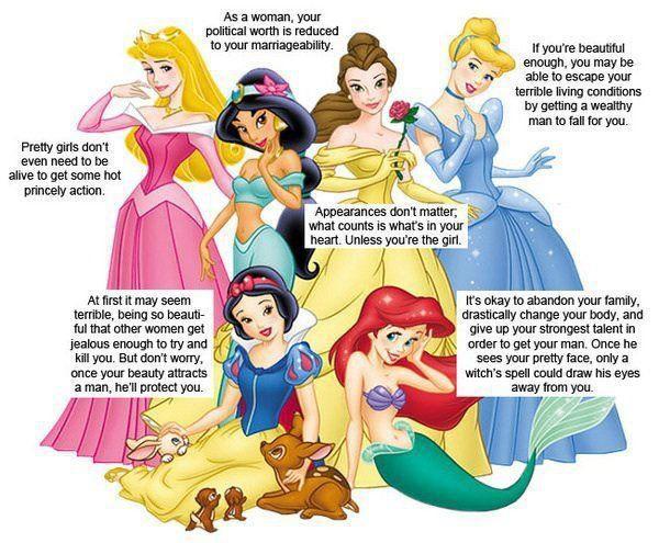 Several Disney Princesses (Sleeping Beauty, Snow White, Jasmine, Belle, Cinderella, and Ariel) stating sexist consequence of being a princess