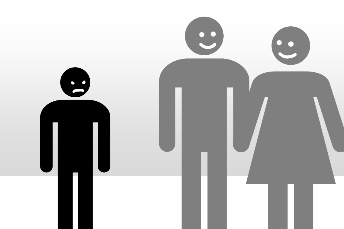 Black and white graphic depicting Incel, showing a male and female smiling at each other, with a male figure in the background looking toward them in anger