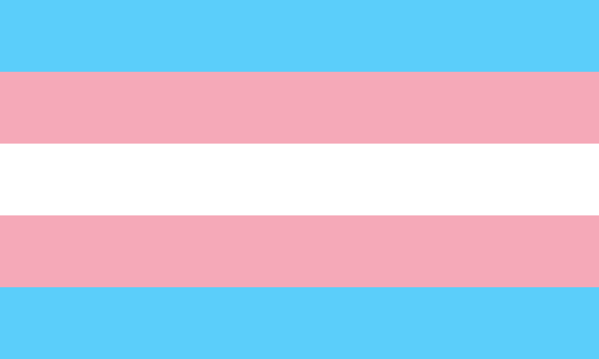 Transgender flag with five stripes: Blue, pink, white, pink and blue to represent male to female and female to male transitions.