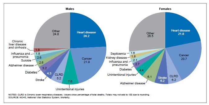 Pie chart of leading causes of death by gender. For both men and women heart disease and cancer are the top causes of death.
